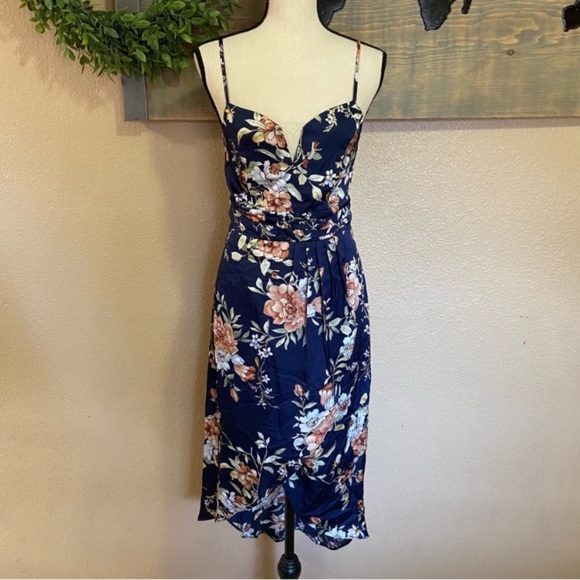 NWOT Lulus My Favorite Day Navy Blue Floral Print Tulip Skirt Midi Dress - Picture 10 of 13